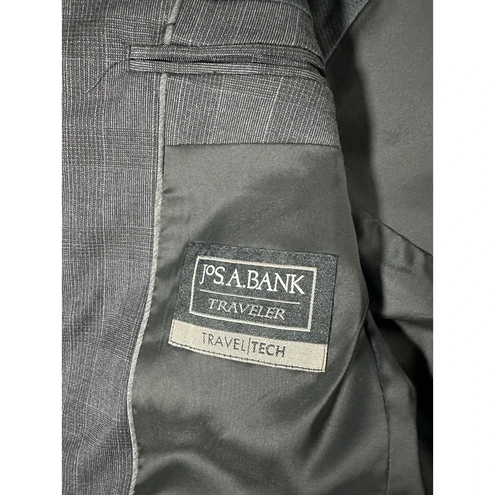 Jos A Bank Traveler Blazer 38R Charcoal Gray Glen Check Plaid Wool Sport Coat